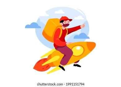 El tipo de reparto vuela sobre un cohete con orden urgente en uniforme amarillo parado con el concepto de gran bolsa Ilustración. Ilustración plana aislada en fondo blanco.