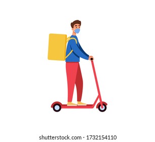 Delivery guy with food backpack riding electric scooter. Courier wearing face mask. Online delivery service concept. Vector flat illustration.