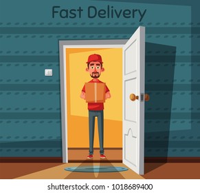 Delivery guy handing a box on doorway. Cartoon vector illustration