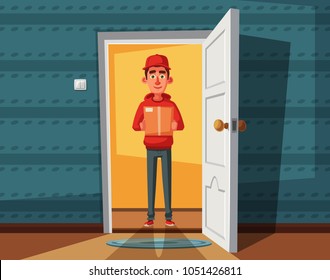 Delivery Guy Handing A Box On Doorway. Cartoon Vector Illustration