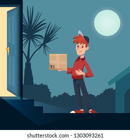 Delivery guy handing a box on doorway late night. Fast shipping to the door of your house. Delivery service concept. Cartoon vector illustration