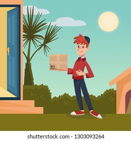 Delivery guy handing a box on doorway daytime. Fast shipping to the door of your house. Delivery service concept. Cartoon vector illustration