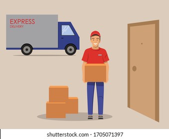 Lieferschachtel auf der Tür. Vektorillustration. Lieferauftrag an Ihre Tür.
Geschlossene Türen. Außerhalb des Hauses.