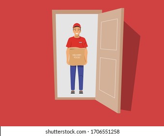 Delivery guy handing box on doorway. Vector illustration. Delivery order to you door. Open door. Inside of home.