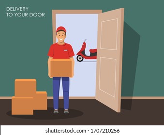 El tipo de los repartidores entrega la caja en la puerta. Hombre de longitud completa con moto de reparto en el fondo.
Puertas abiertas. Ilustración vectorial.