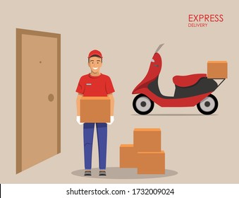 Delivery guy handing box on doorway with a motorcycle in the background. Vector illustration.
Closed doors. Outside the house. 