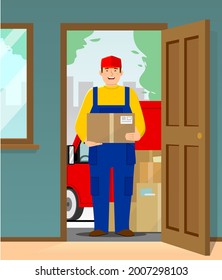 Delivery guy handing box on doorway. Cartoon vector, Delivery man in a flat style illustration. Inside of home. Delivery order. Open door.