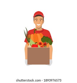 Delivery Guy Handing Food Box. Grocery Express Delivery . Young Man In A Red T-shirt And Uniform Cap. Online Delivery Concept .Stock Vector Illustration