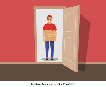 Delivery guy handing food package on doorway. Full length man. Open door. Outside the house. Vector illustration.