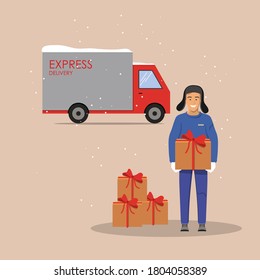 Delivery guy handing gift box on doorway a cargo truck in the background . Delivery order to you door. Outside the house. Winter vector illustration