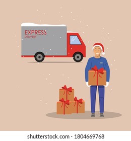Un tipo que entrega una caja de regalo en la puerta de un camión de carga en el fondo. Orden de entrega a la puerta. Fuera de la casa. Ilustración vectorial de invierno