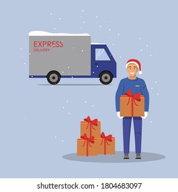 Delivery guy handing gift box on doorway a cargo truck in the background . Delivery order to you door. Outside the house. Winter vector illustration