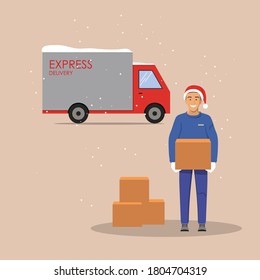 Delivery guy handing gift box on doorway a cargo truck in the background . Delivery order to you door. Outside the house. Winter vector illustration