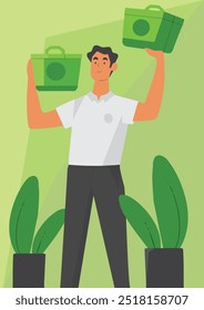 A delivery guy holding up two boxes in his hands which could have several icons applied to for your project.