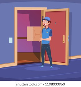 Delivery guy in home door. Boy deliver handing box in apartment doorway. Cartoon delivery of goods at home vector concept. Illustration of delivery man, deliver box pizza