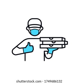Delivery Guy Icon. Young Man From Fast Food Service In Protective Medical Face Mask And Gloves Picking Up Three Pizza Boxes With Thumbs Up. Line Vector Illustration Isolated Over White Background.