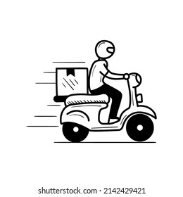 Delivery guy with motorcycle vector illustration in hand-drawn style isolated on white background svg