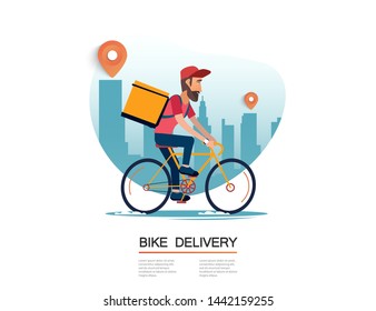 Delivery, the guy on the bike carries the parcel. Urban landscape. courier driving bike fast food food. Flat design vector illustration.