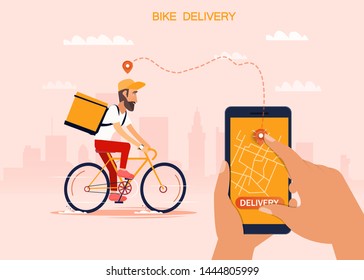 Delivery, The Guy On The Bike Carries The Parcel. Urban Landscape. Courier Driving Bike Fast Food Food. Flat Design Vector Illustration.