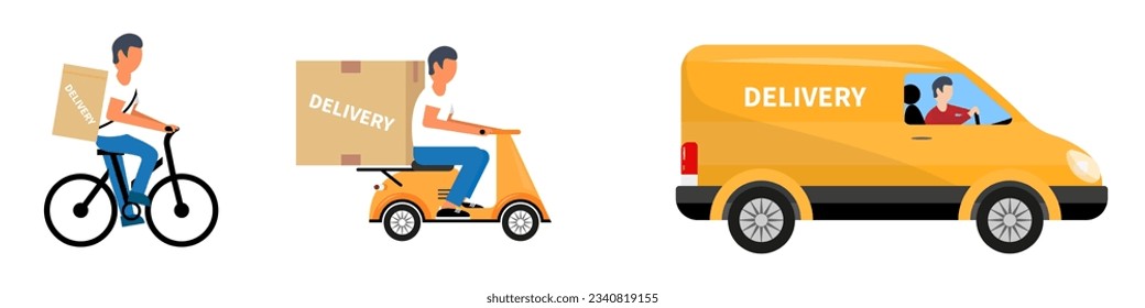 Delivery guy on a bike, scooter and a van. Fast delivery advertisement vector illustration.