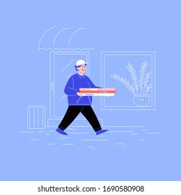 Delivery guy on his way to a client with three pizza boxes walking down the street 