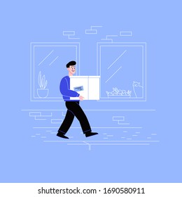 Delivery guy on his way to a client with a box walking down the street wearing