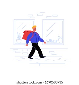 Delivery guy on his way to a client with a thermobag walking down the street 