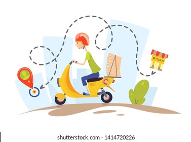 Delivery, the guy on the moped is carrying pizza. Characters. Pizza delivery concept flat design vector illustration.