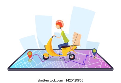 Delivery, the guy on the moped is carrying pizza. Characters. Pizza delivery concept flat design vector illustration.