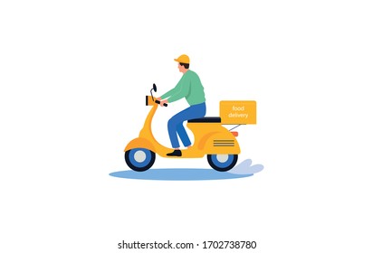 Delivery, the guy on the moped is carrying pizza. Flat design vector illustration.