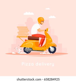 Delivery, the guy on the moped is carrying pizza. Characters. Flat design vector illustration.