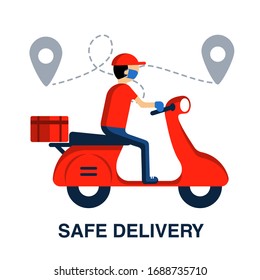 Delivery, the guy on the moped.  Contactless delivery. Stay at home concept. Concept of quarantine and prevention of spread of coronavirus.Service for ordering food online. Courier services. Vector.
