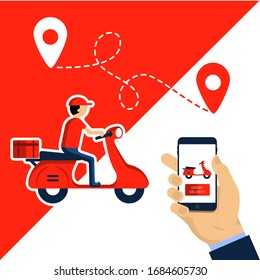 Entrega, el tipo en el ciclomotor. Pedido, Envío Mundial, Transporte Rápido y Gratis. Servicio de pedido de comida en línea. Entrega rápida de comida. Servicios de mensajería. Vector.