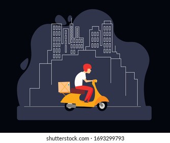 Delivery, guy on a moped rides around the city with delivery. Characters. Flat design vector illustration.