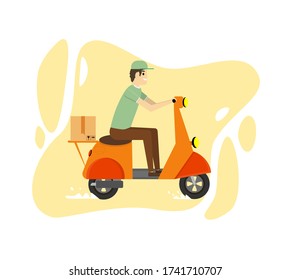  Delivery, the guy on the moped. Service, Order, Worldwide Shipping, Fast and Free Transport. Online delivery service concept, online order tracking, delivery home and office.  Vector illustration
