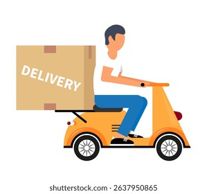 Delivery guy on a scooter with box. Fast Delivery vector illustration.