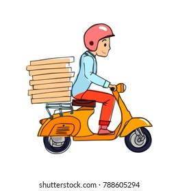 Delivery, the guy on the scooter motobike is carrying pizza. Vector illustration
