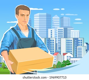 Delivery guy with a parcel. Cardboard box. A male courier in uniform delivered a package. Flat style. Postal service. Against the background of the city. Vector