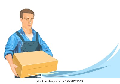 Delivery guy with a parcel. Cardboard box. A male courier in uniform delivered a package. Flat style. Postal service. The illustration is isolated on a white background. Vector