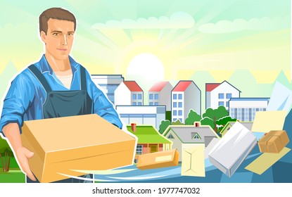 Delivery guy with a parcel. Cardboard box. A male courier in uniform delivered a package. Flat style. Postal service. Against the background of the city. Packages, envelopes. Vector