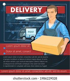 Delivery guy with a parcel. Cardboard box. A male courier in uniform delivered a package. Flat style. Postal service. Banner. Transport. Truck and plane. Vector