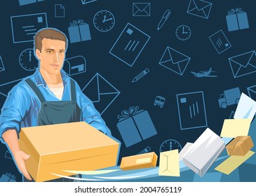 Delivery guy with a parcel. Cardboard box. A male courier in uniform delivered a package. Flat style. Postal service. Banner. Packages, envelopes. Vector