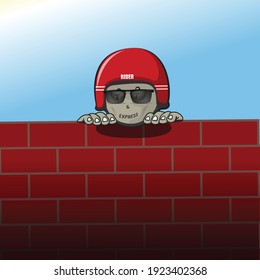 A delivery guy peek above the bricks gate of a house
