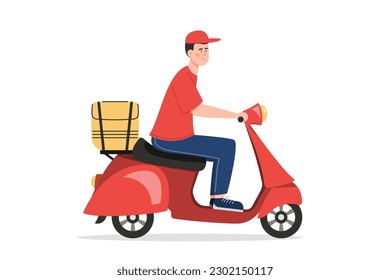 Un tipo de reparto monta en una moto roja. Ilustración plana vectorial sobre fondo blanco