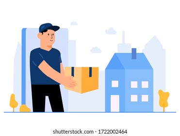Delivery Guy Smartphone Concept Flat Style Vector Illustration Design