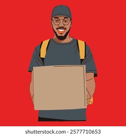 A delivery guy standing at a doorstep, holding a package ready to be handed over, dressed in professional delivery attire, exuding friendliness and reliability in a residential setting.