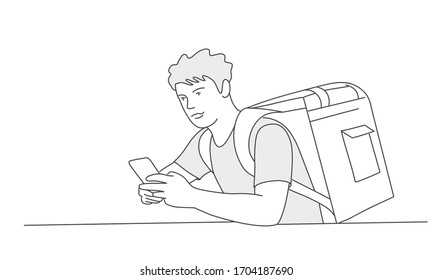 Delivery guy with a thermo backpack uses a mobile phone. Hand drawn vector illustration.