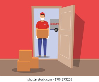 Delivery guy wearing a mask and gloves, handing box on doorway. Vector illustration. Delivery order during quarantine to you door. Open door. Inside of home. 