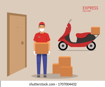 Delivery guy wearing a mask and gloves, handing box on doorway with a motorcycle in the background. Vector illustration.
Closed doors. Outside the house. Delivery order during quarantine.