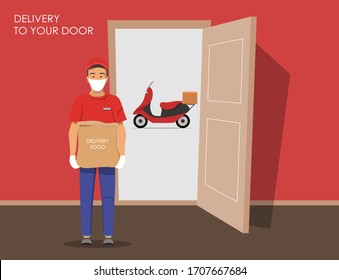 Delivery guy wearing a mask and gloves, handing food package on doorway with a motorcycle in the background. Vector illustration.
Open doors. Delivery order during quarantine.